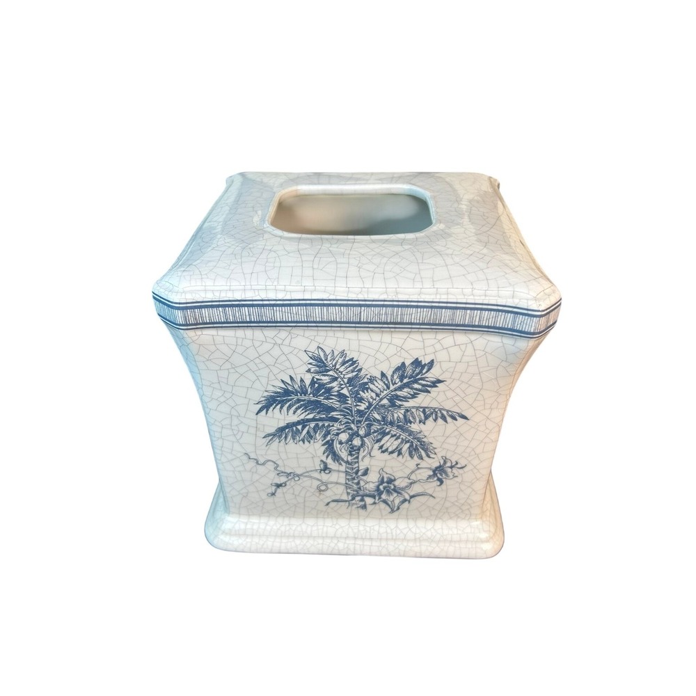 Blue White Ceramic Palm Tree Tissue Box Cover Crackle Glaze Tropical Coastal